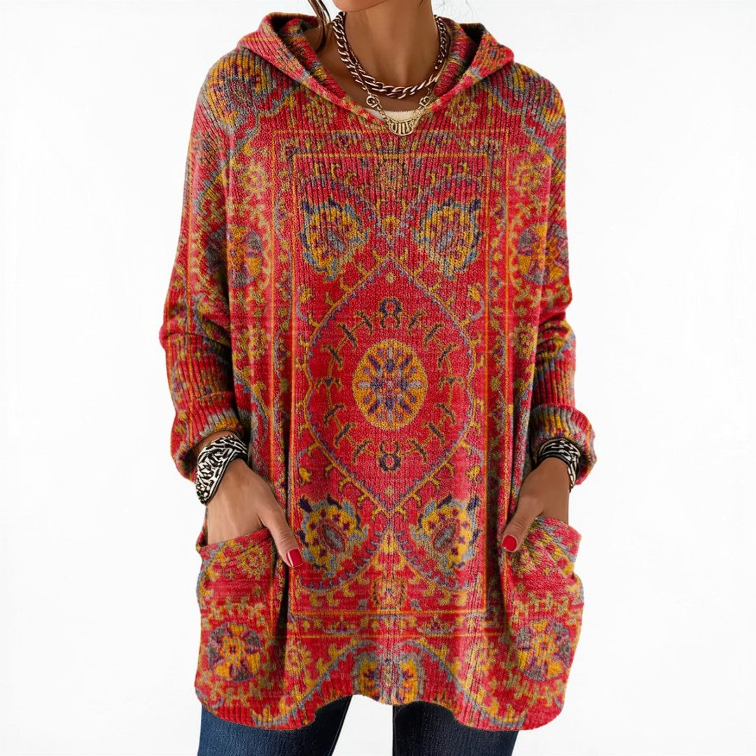 Rizza | Retro Ethnic Print Hooded Knit Tunic