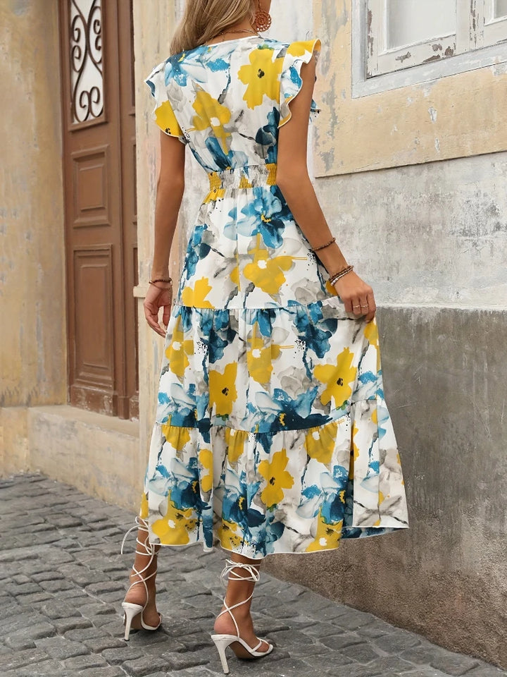 Sophia | Watercolor Floral Ruffle Midi Dress