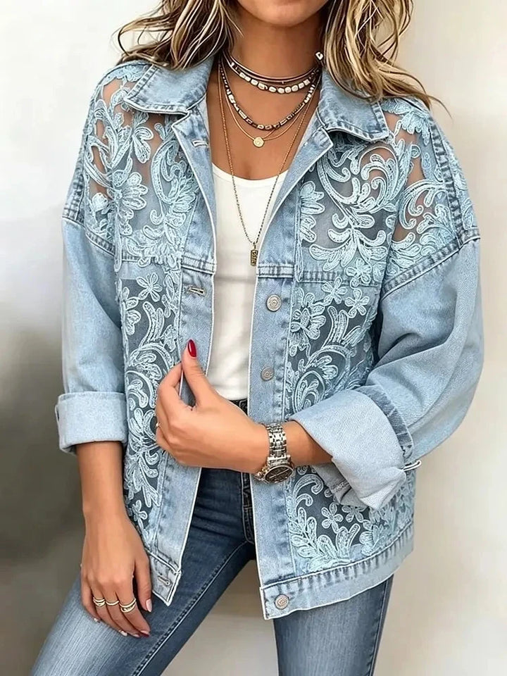 Odette Light Blue Lace Embroidered Denim Jacket - detail view