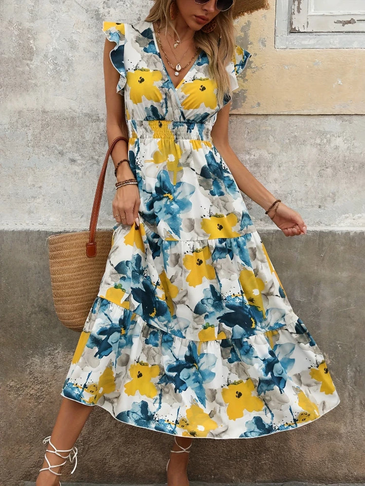 Sophia | Watercolor Floral Ruffle Midi Dress