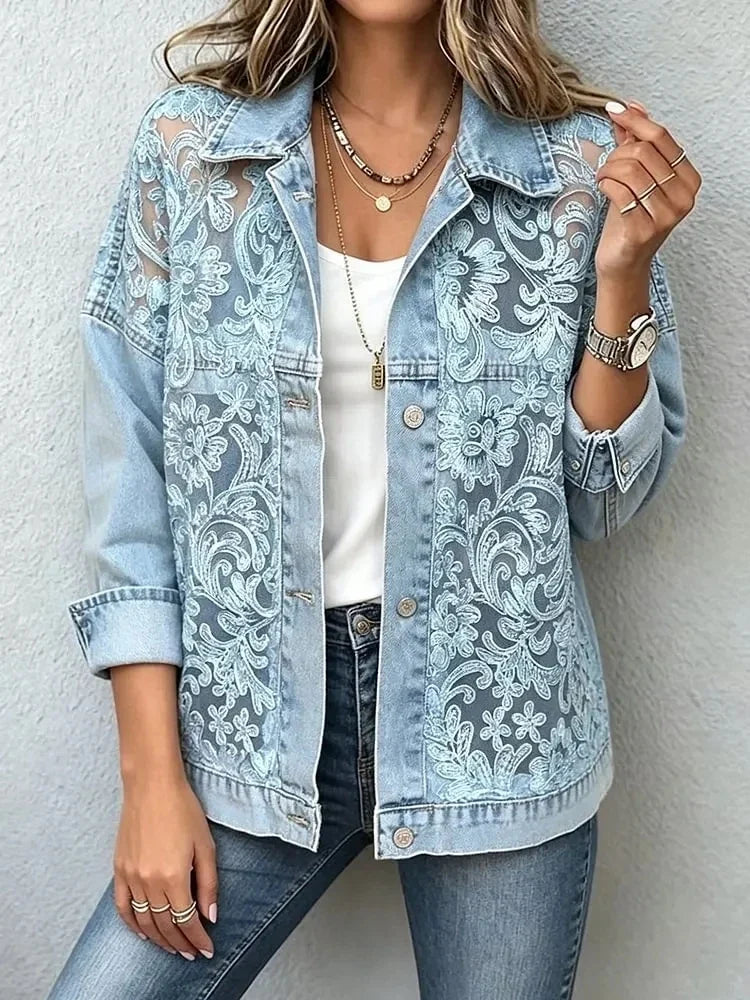 Odette Light Blue Lace Embroidered Denim Jacket - front view