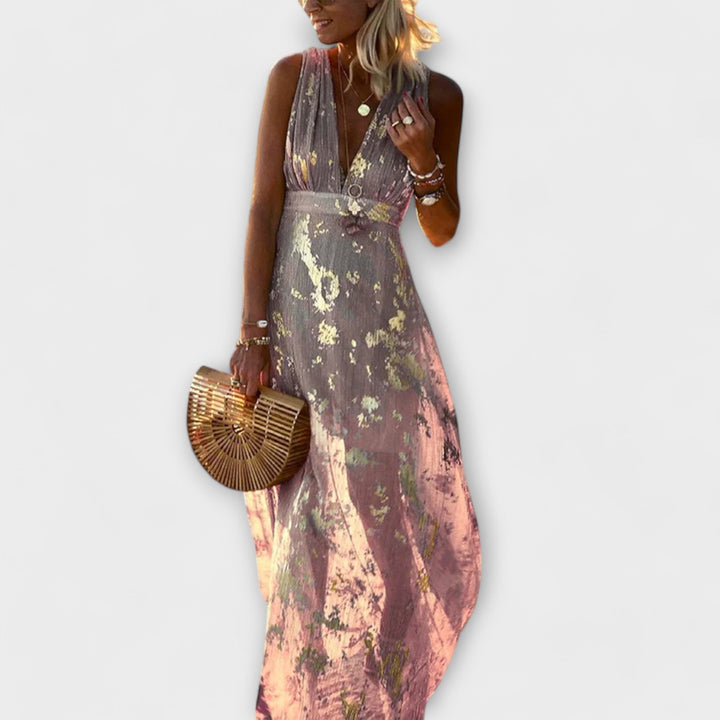Flowy Dress with V-Neck and Sequin Details