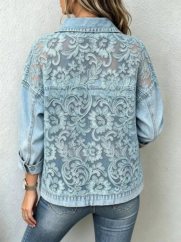 Odette Light Blue Lace Embroidered Denim Jacket - back view