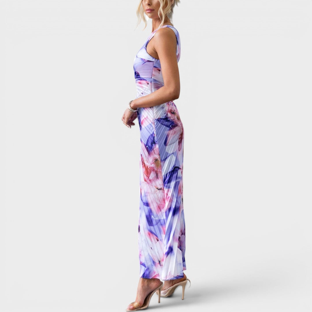 Amorette | One Shoulder Watercolor Pleated Maxi Dress