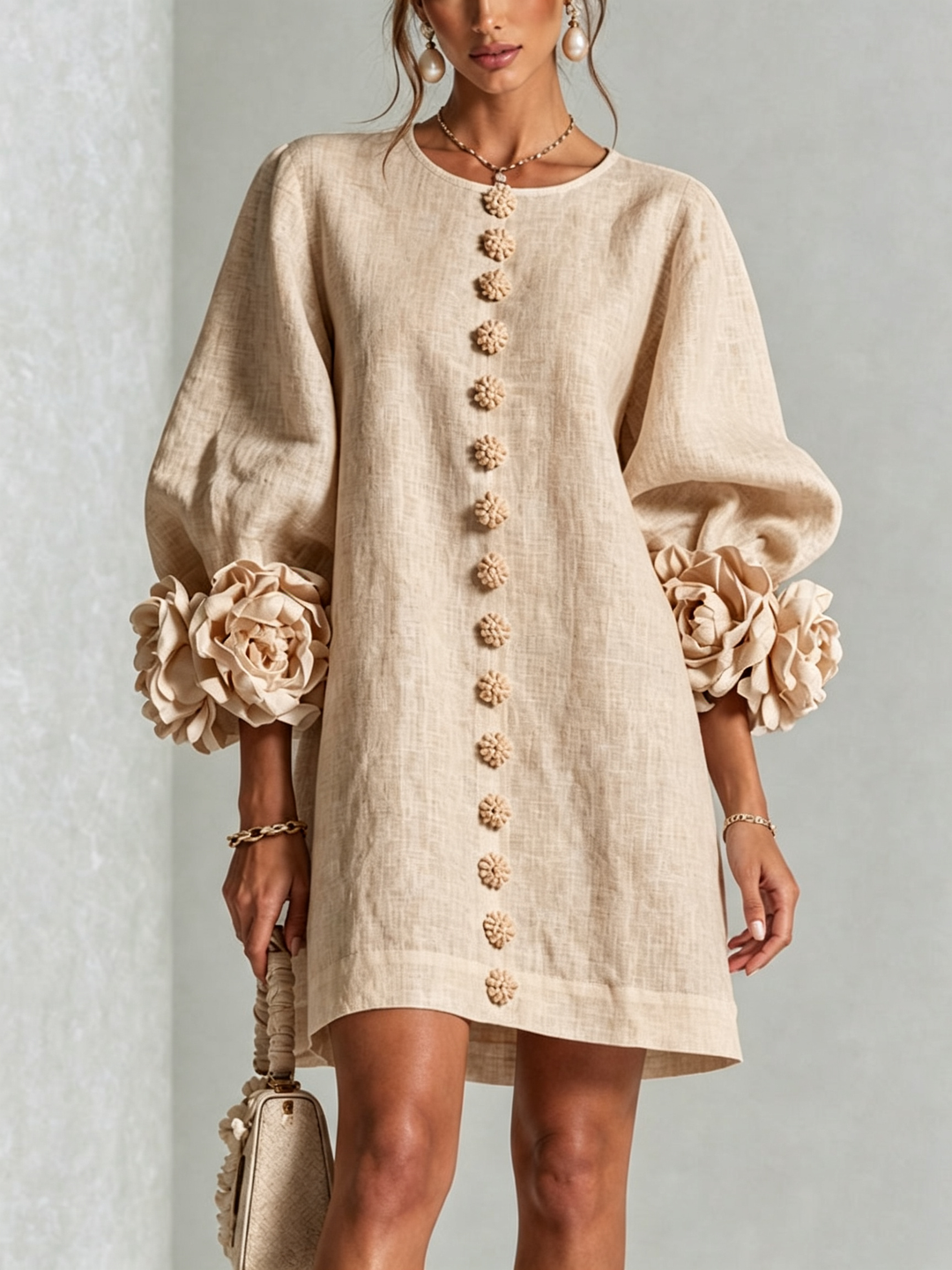 Vynexa Floral-Cuff Button-Front Mini Dress in Beige