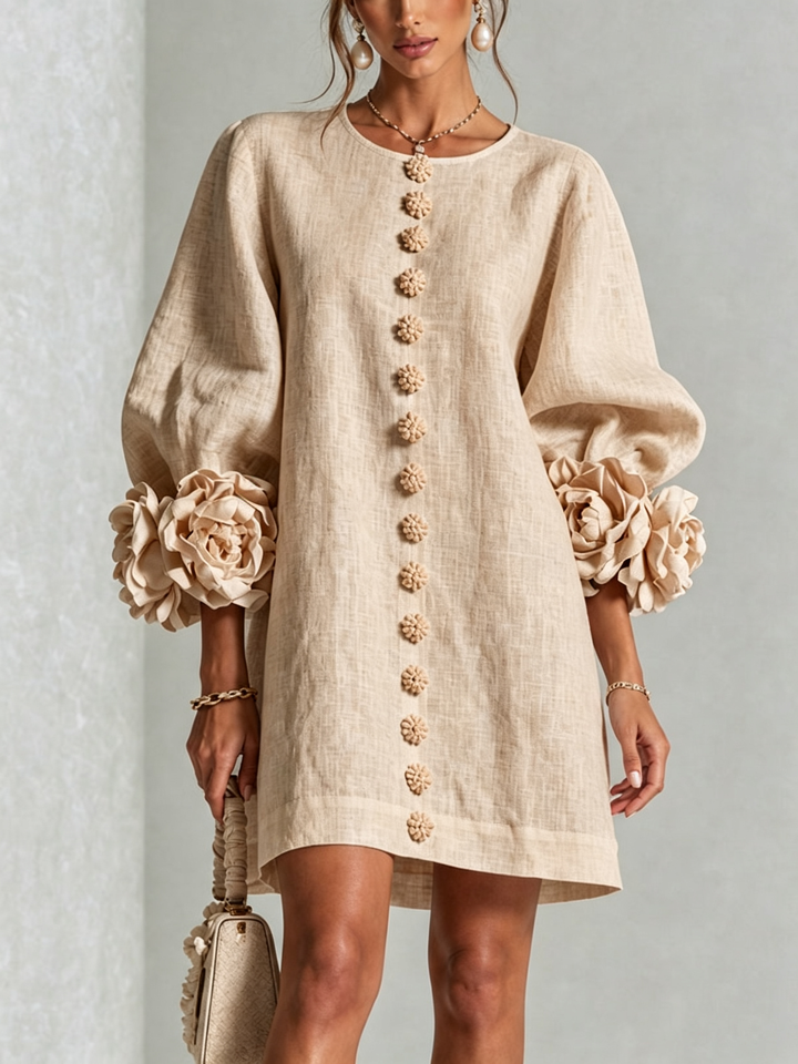 Vynexa Floral-Cuff Button-Front Mini Dress in Beige