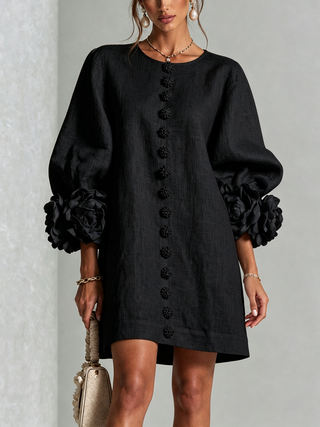 Vynexa Floral-Cuff Button-Front Mini Dress in Black