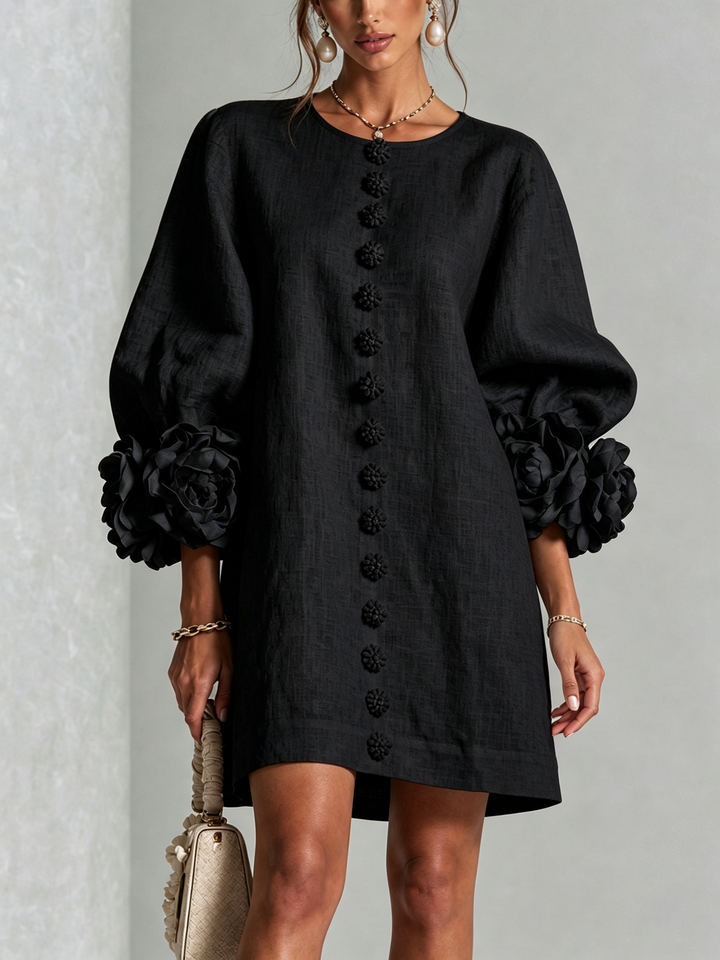 Vynexa Floral-Cuff Button-Front Mini Dress in Black