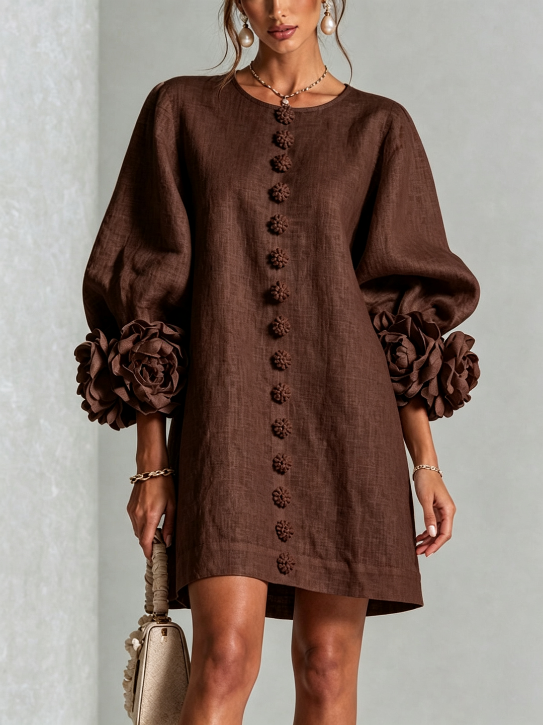 Vynexa Floral-Cuff Button-Front Mini Dress in Brown