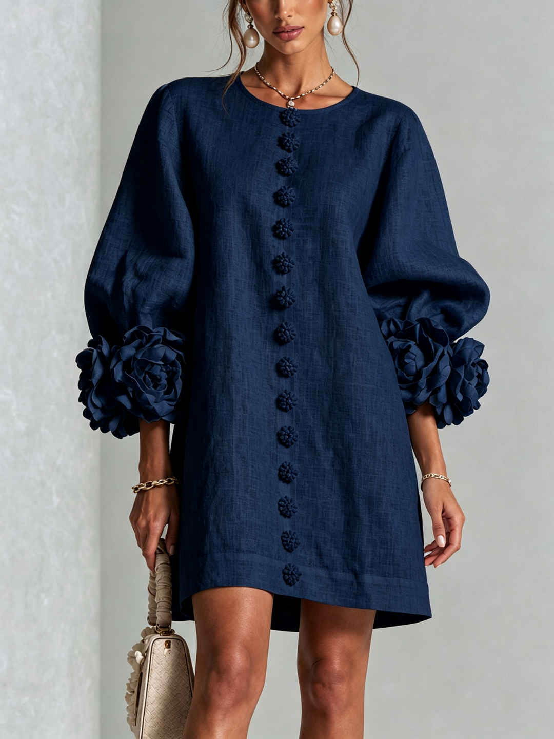 Vynexa Floral-Cuff Button-Front Mini Dress in Navy