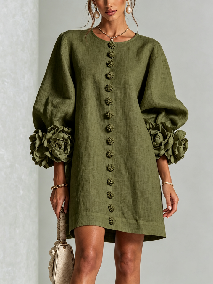 Vynexa Floral-Cuff Button-Front Mini Dress in Olive
