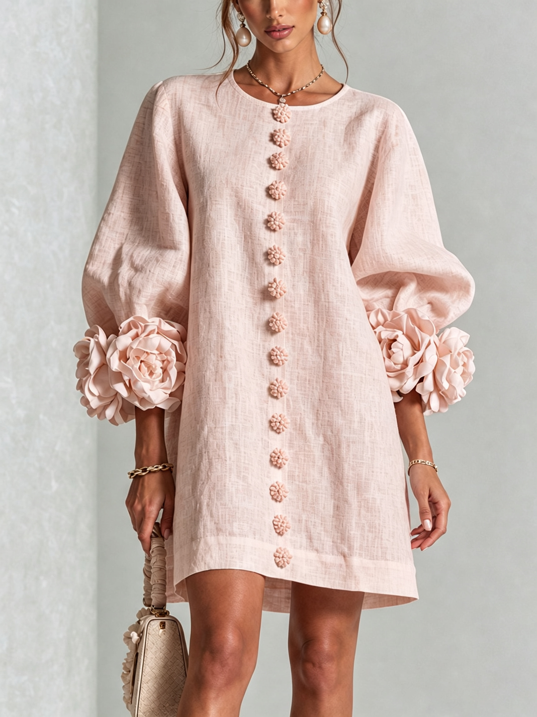 Vynexa Floral-Cuff Button-Front Mini Dress in Pink