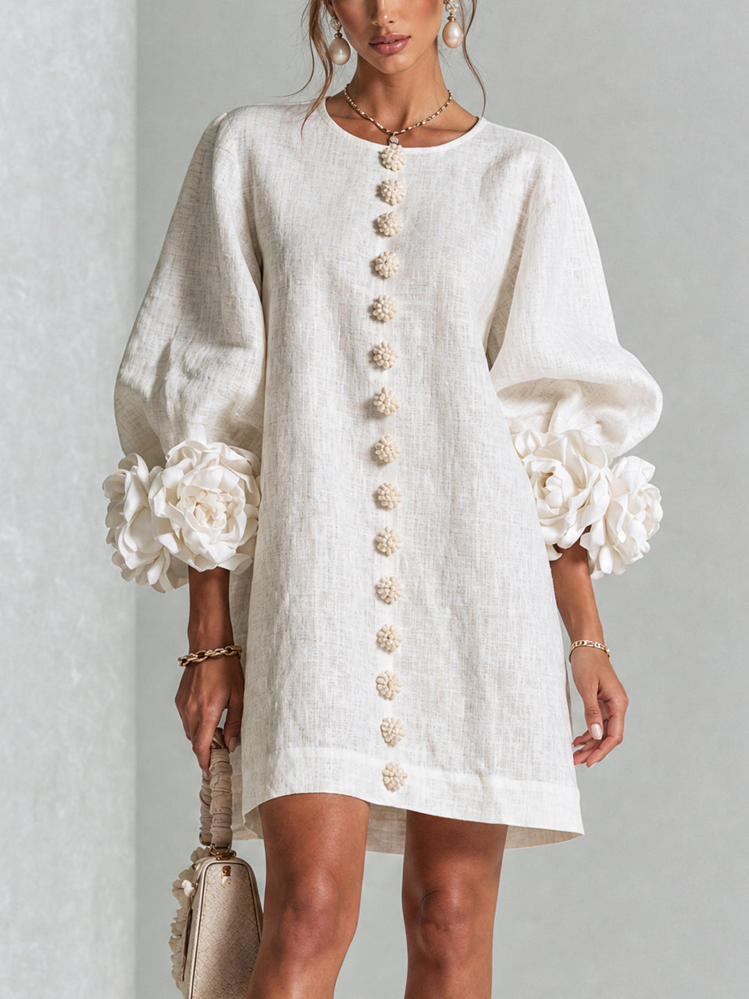 Vynexa Floral-Cuff Button-Front Mini Dress in White