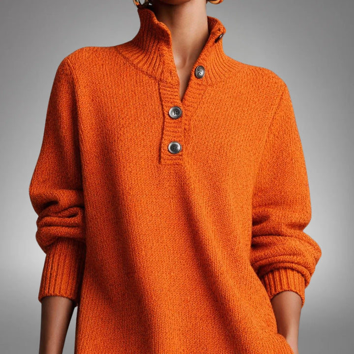 Adeline Button-Collar Sweater Dress in Orange - collar detail