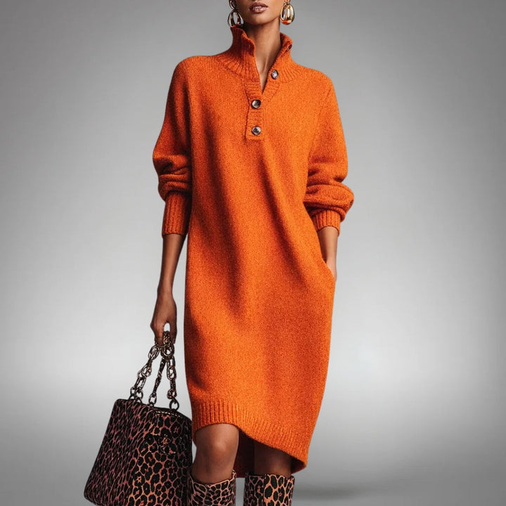 Adeline Button-Collar Sweater Dress in Orange - front view