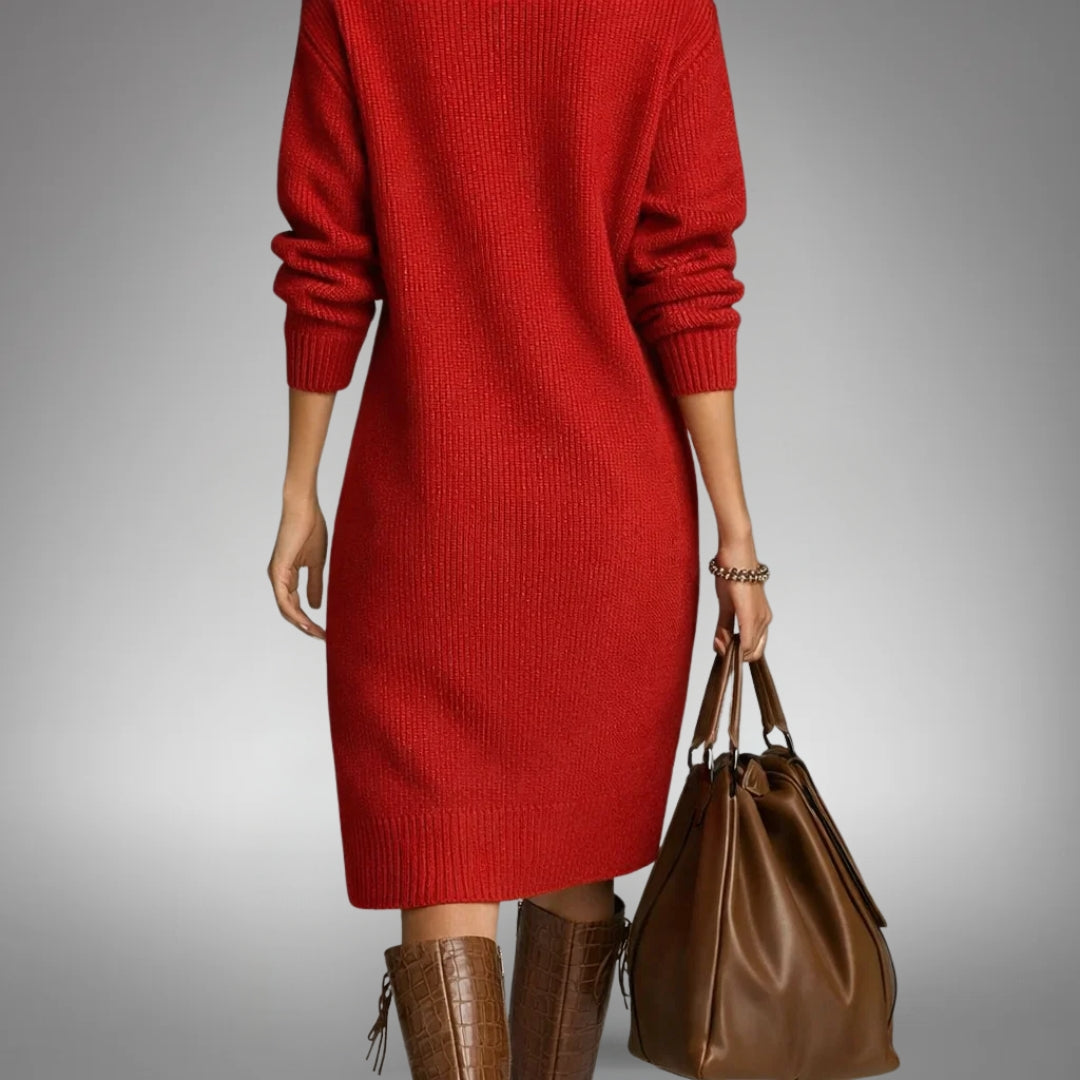 Adeline Button-Collar Sweater Dress in Red - back view