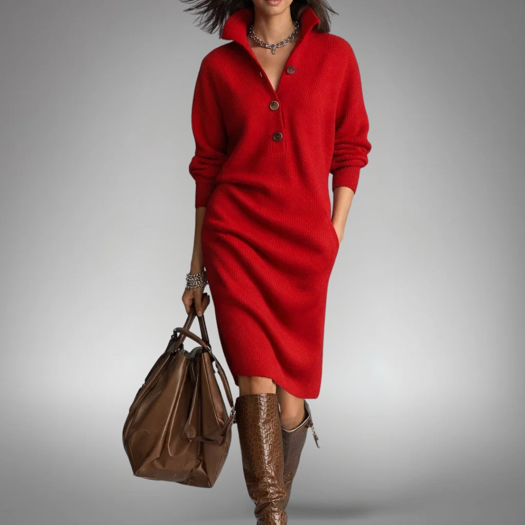 Adeline Button-Collar Sweater Dress in Red - front view