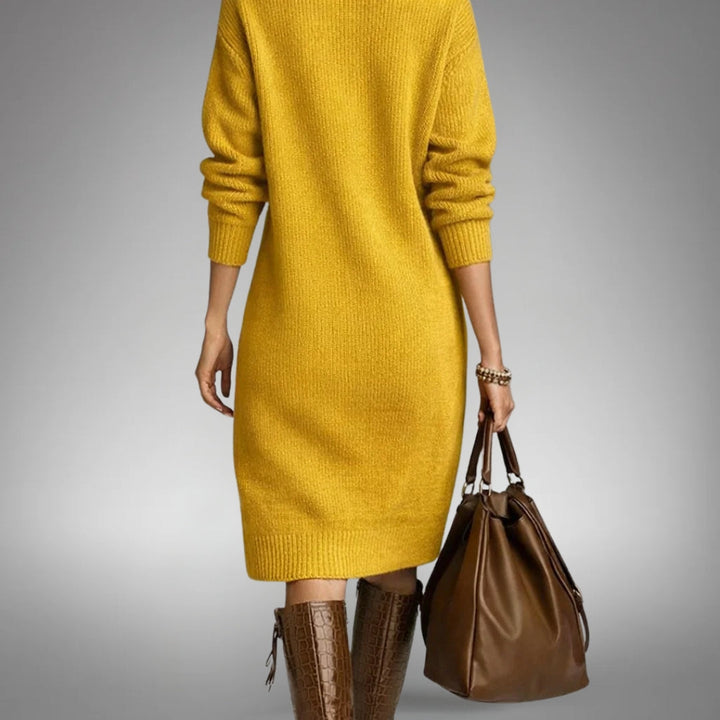 Adeline Button-Collar Sweater Dress in Yellow - back view