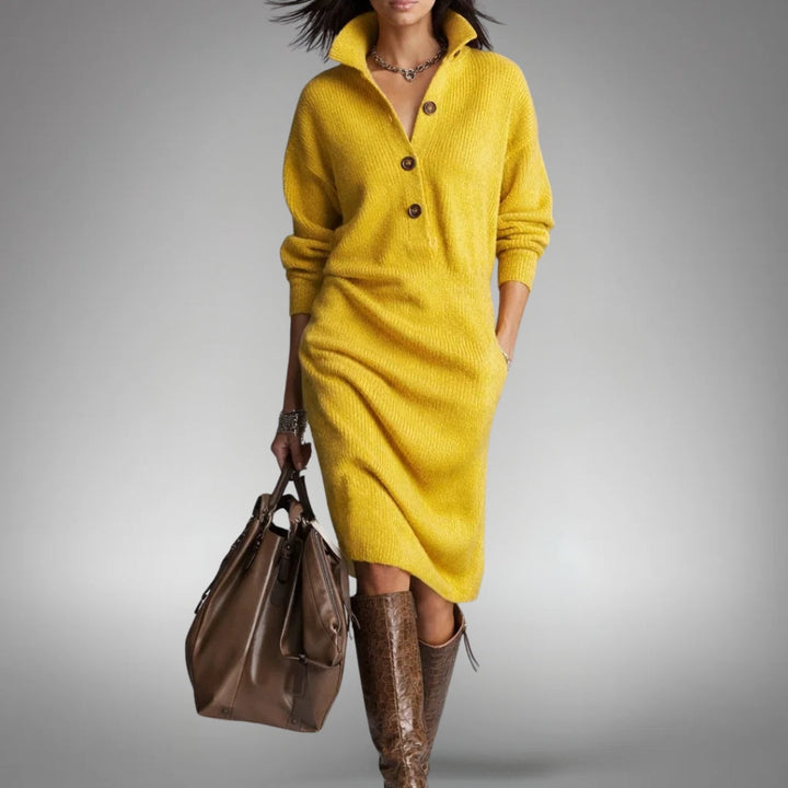 Adeline Button-Collar Sweater Dress in Yellow - front view