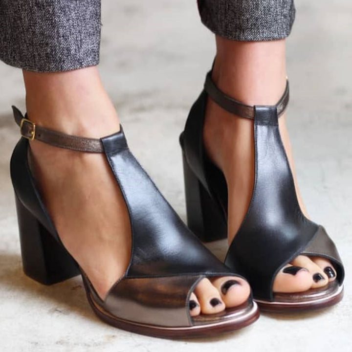 Anyao™ Elegant High Heels with Open Toe in Black Patchwork – Perfect for Any Occasion