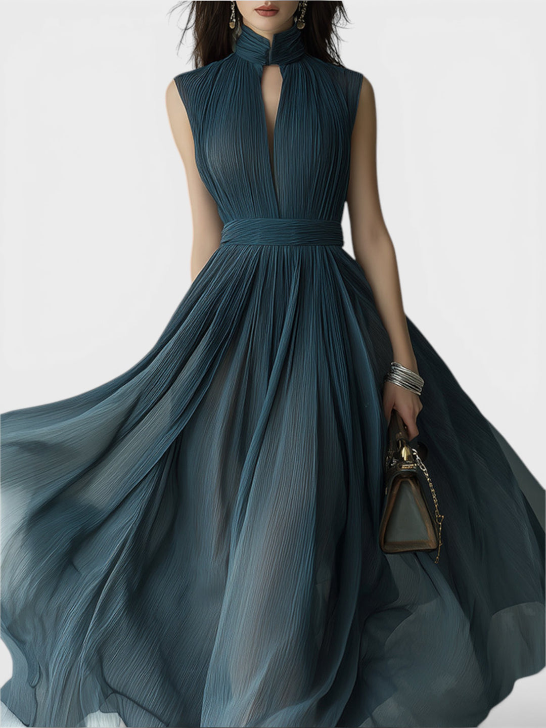 Evelina | Pleated High Neck Maxi Dress