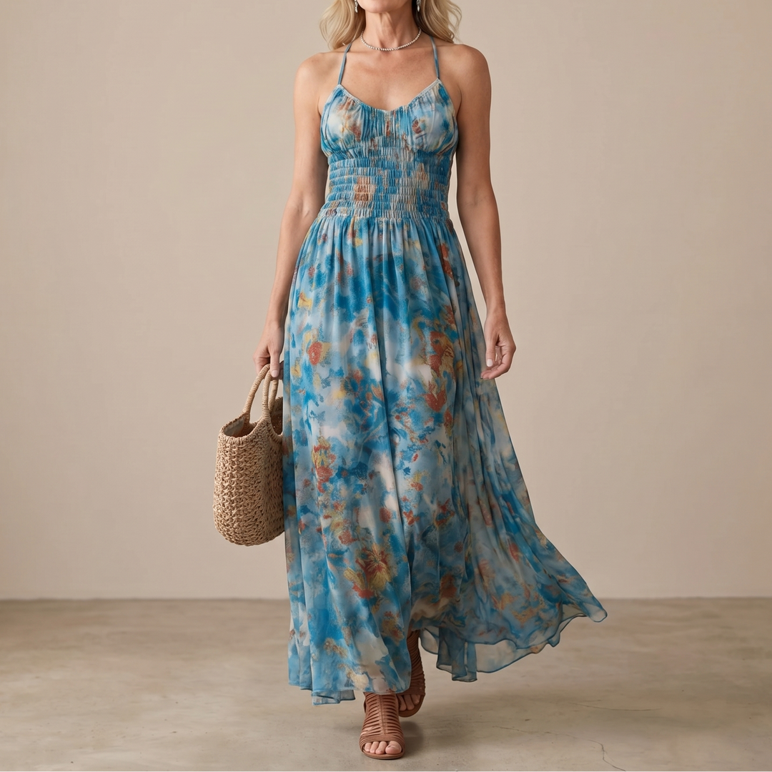 Brenda | Smocked Floral Maxi Dress Blue