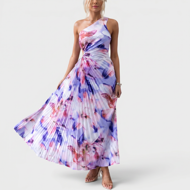 Amorette | One Shoulder Watercolor Pleated Maxi Dress