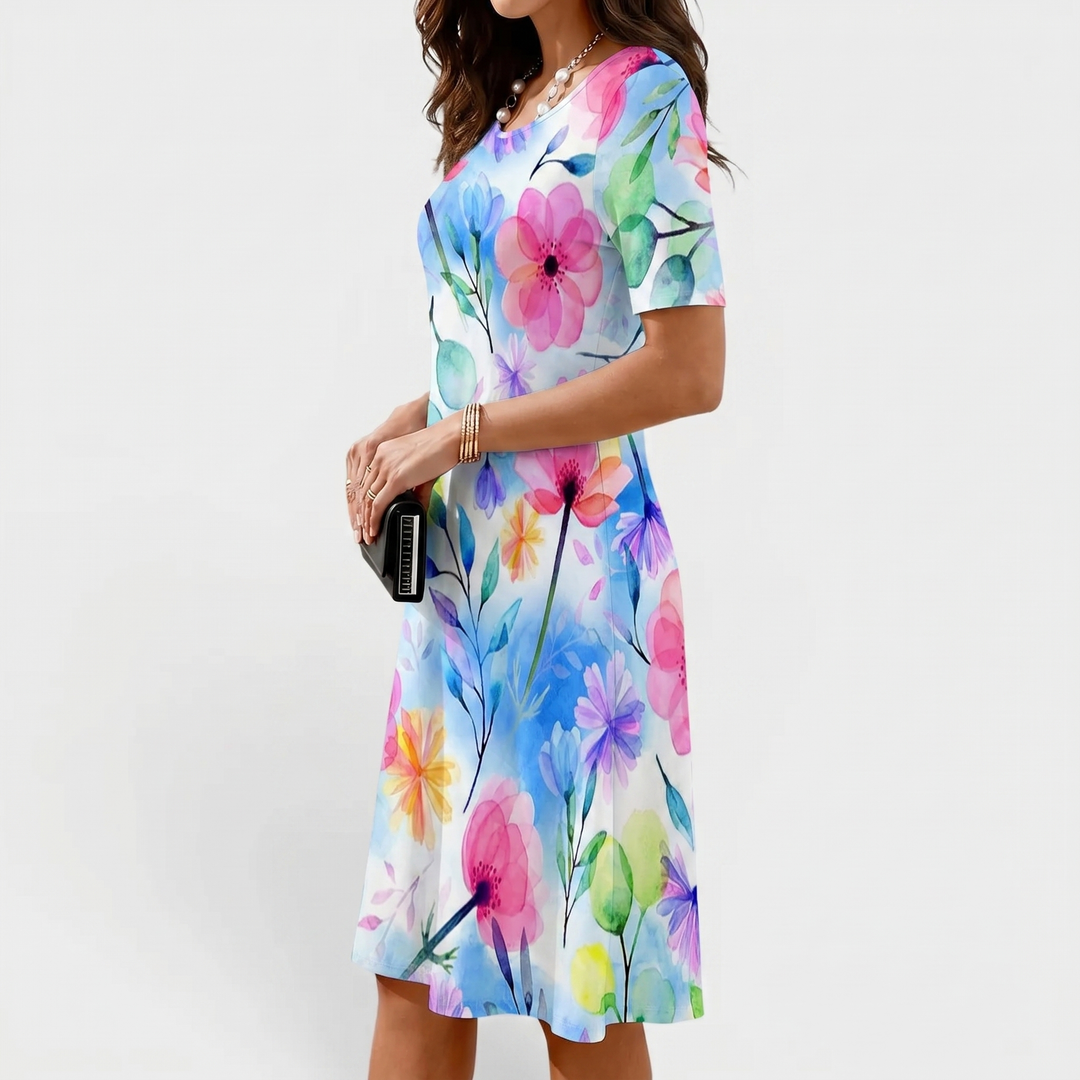 Marielle | Watercolor Floral A-Line Midi Dress