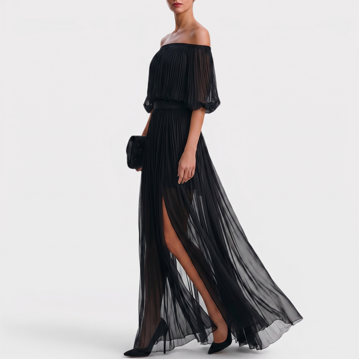 Noir | Off-Shoulder Pleated Maxi Dress