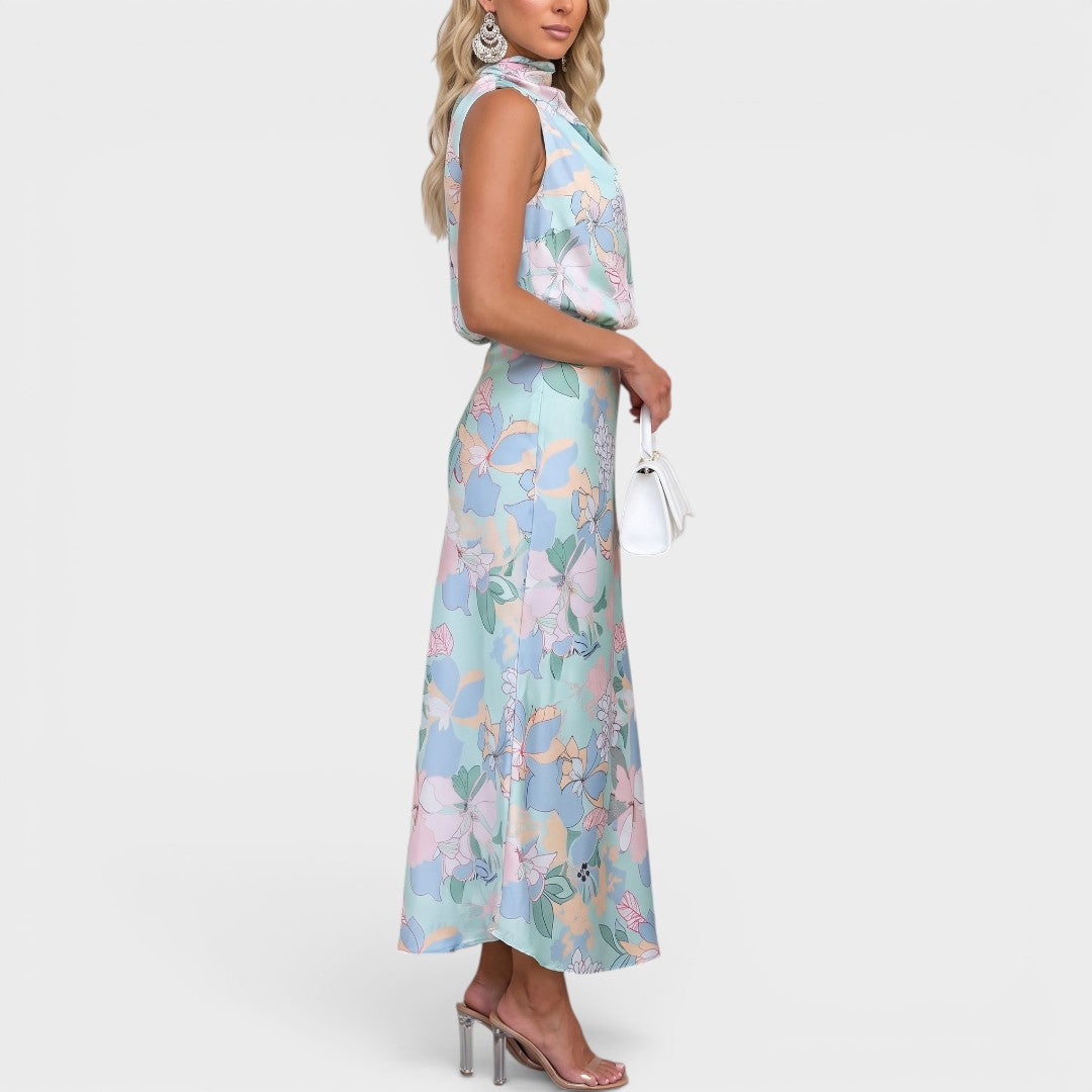 Celeste | Pastel Floral Mock Neck Maxi Dress