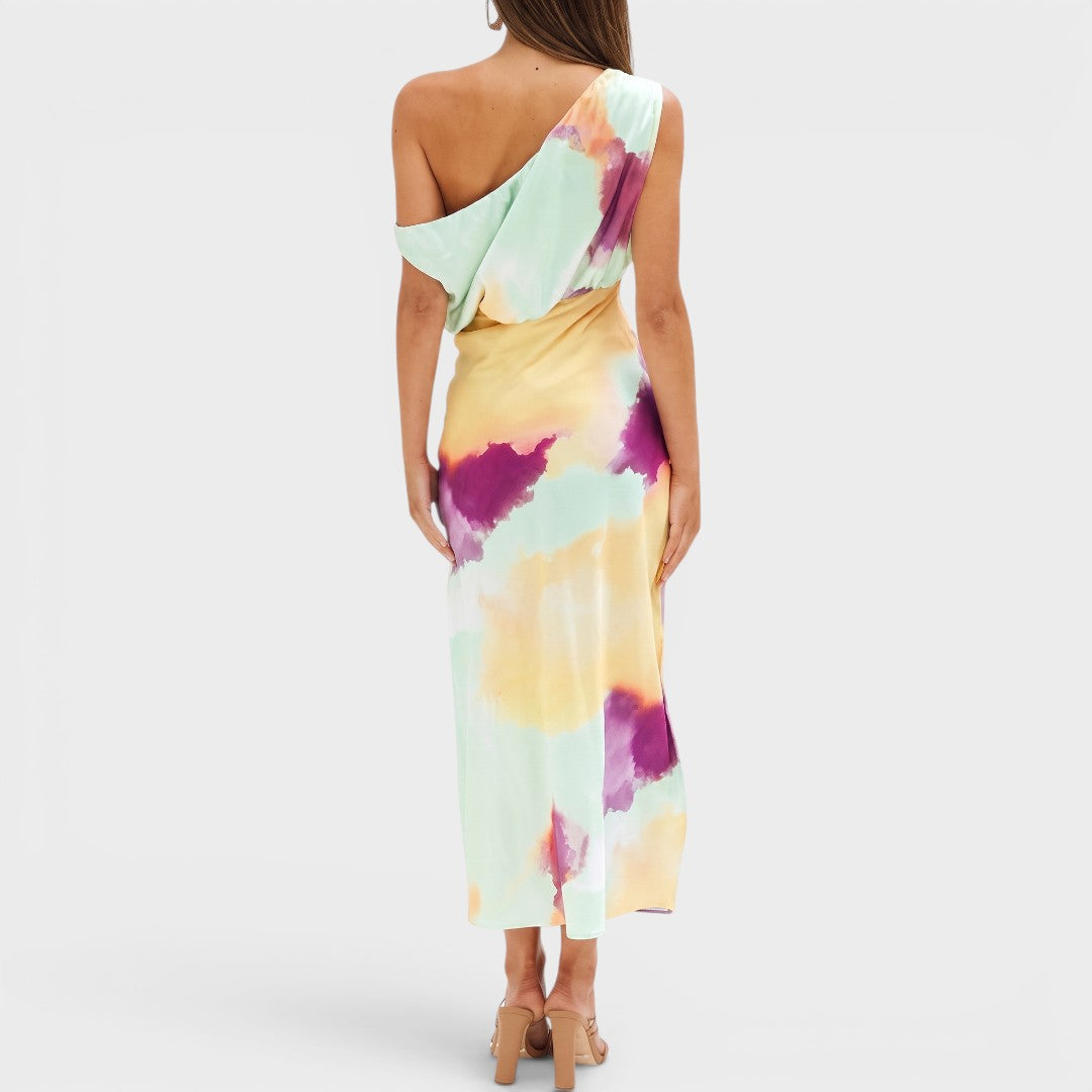 Aurielle | One-Shoulder Watercolor Midi Dress