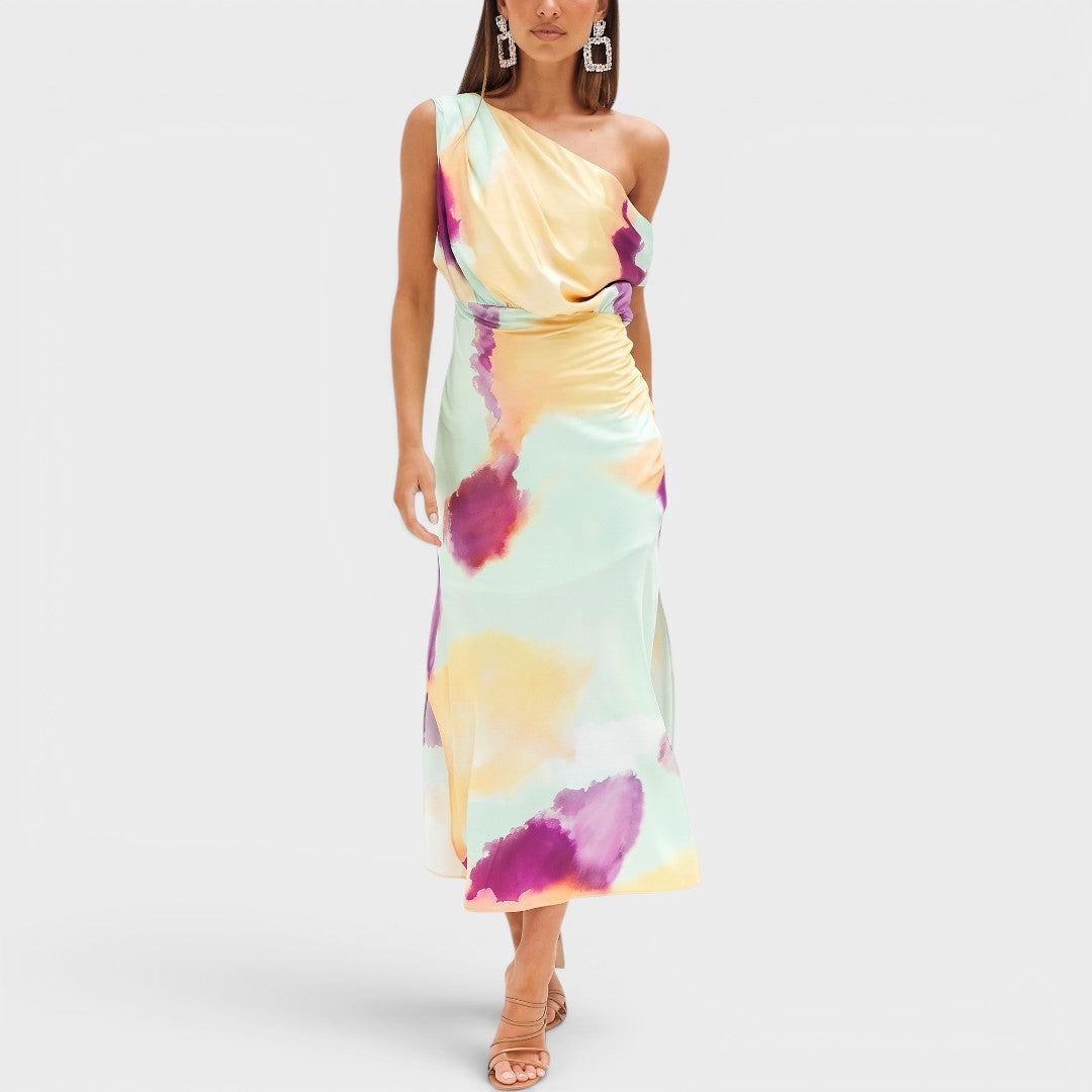 Aurielle | One-Shoulder Watercolor Midi Dress
