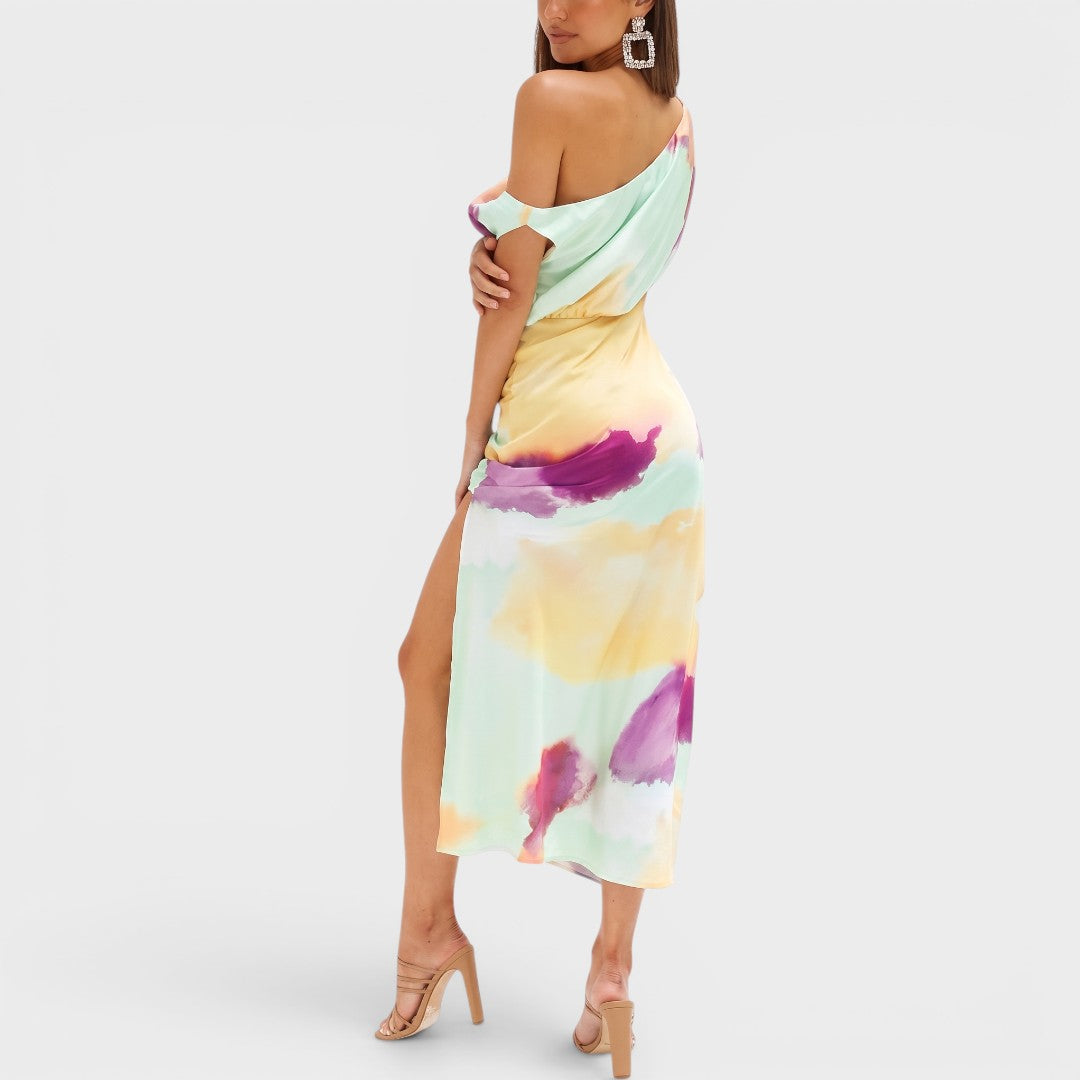 Aurielle | One-Shoulder Watercolor Midi Dress
