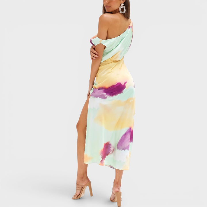Aurielle | One-Shoulder Watercolor Midi Dress