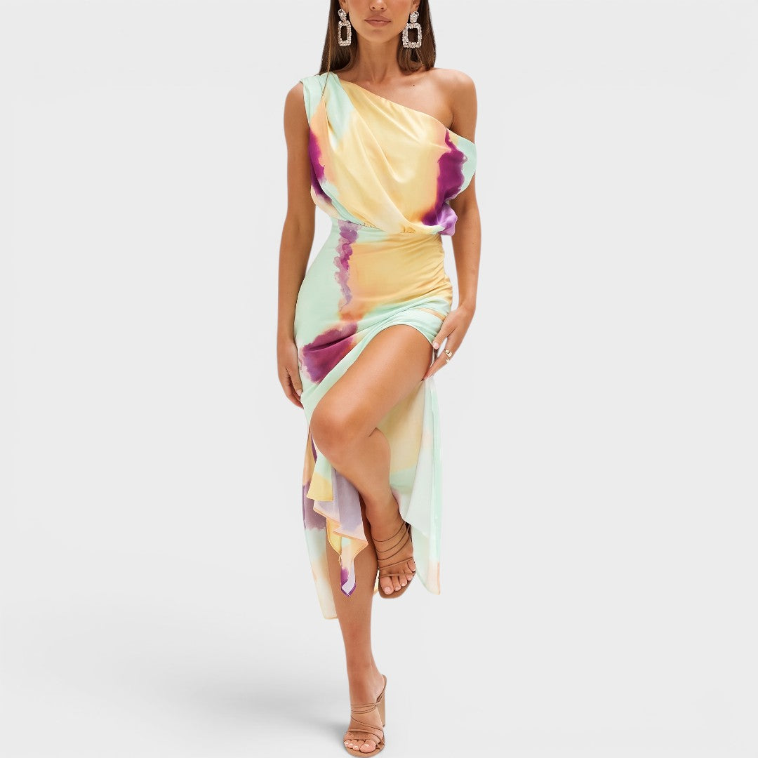 Aurielle | One-Shoulder Watercolor Midi Dress