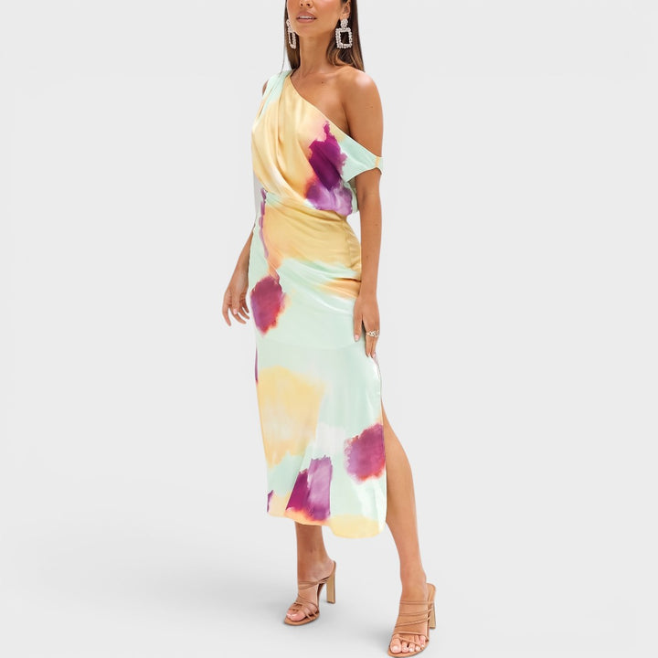 Aurielle | One-Shoulder Watercolor Midi Dress