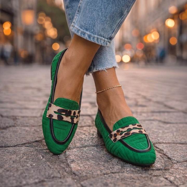 Fiorella Leopard-Trim Slip-On Loafers - Emerald Green