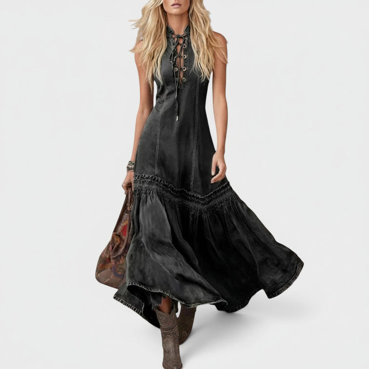 Harlow | Lace-Up Denim Maxi Dress