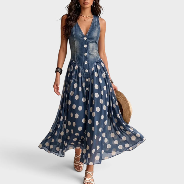 Camille | Polka Dot Denim Midi Dress