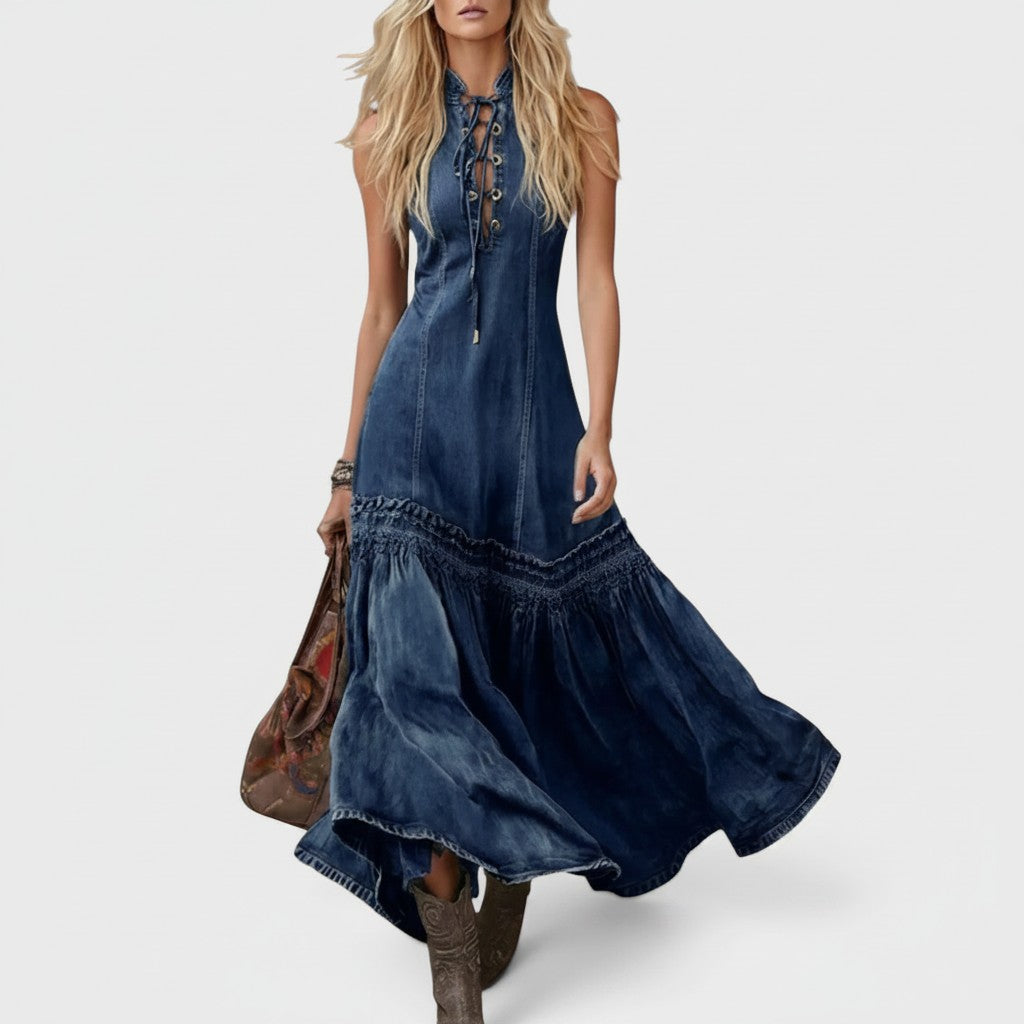 Harlow | Lace-Up Denim Maxi Dress
