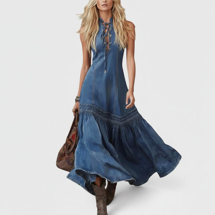 Harlow | Lace-Up Denim Maxi Dress