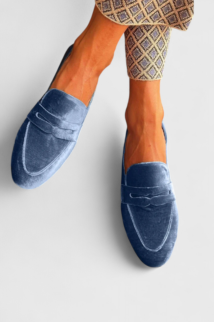 Llnica Moccasins in Blue Velvet with Patchwork Details and Round Toe