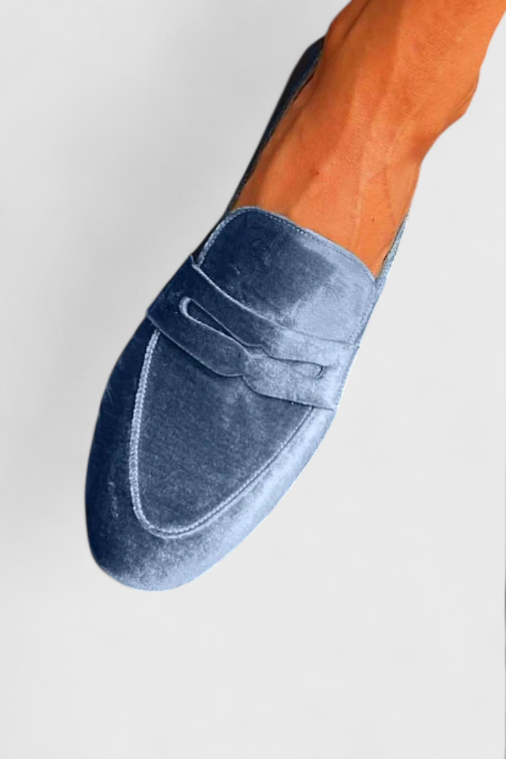 Llnica Moccasins in Blue Velvet with Patchwork Details and Round Toe