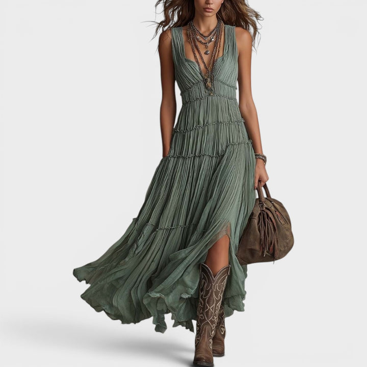 Jessica | Effortless Bohemian Green Flow Maxi Dress