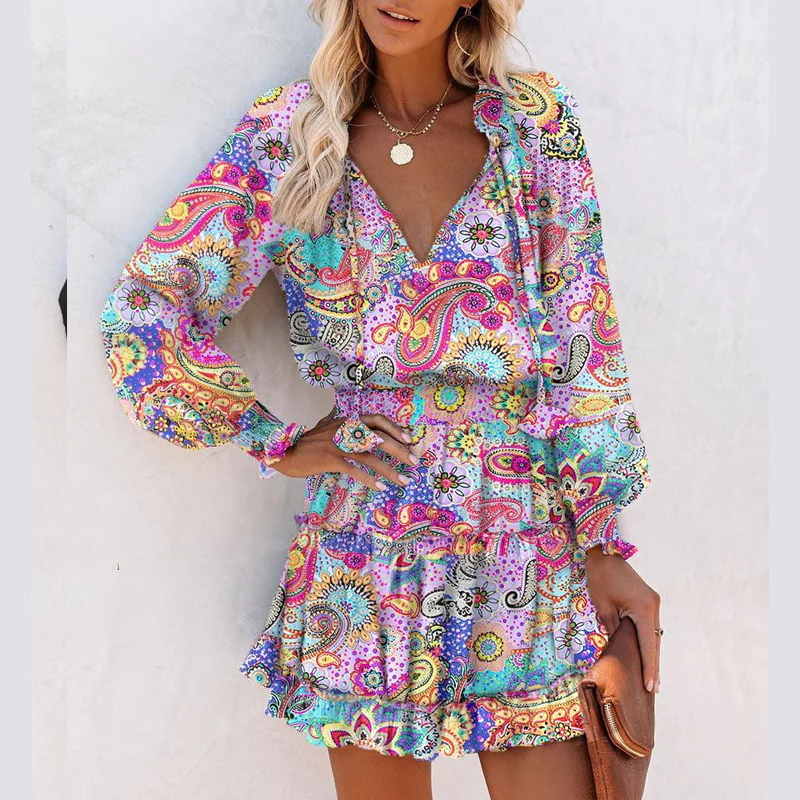 Ariana | V-neck, long sleeves, and ruffles Mini Dress