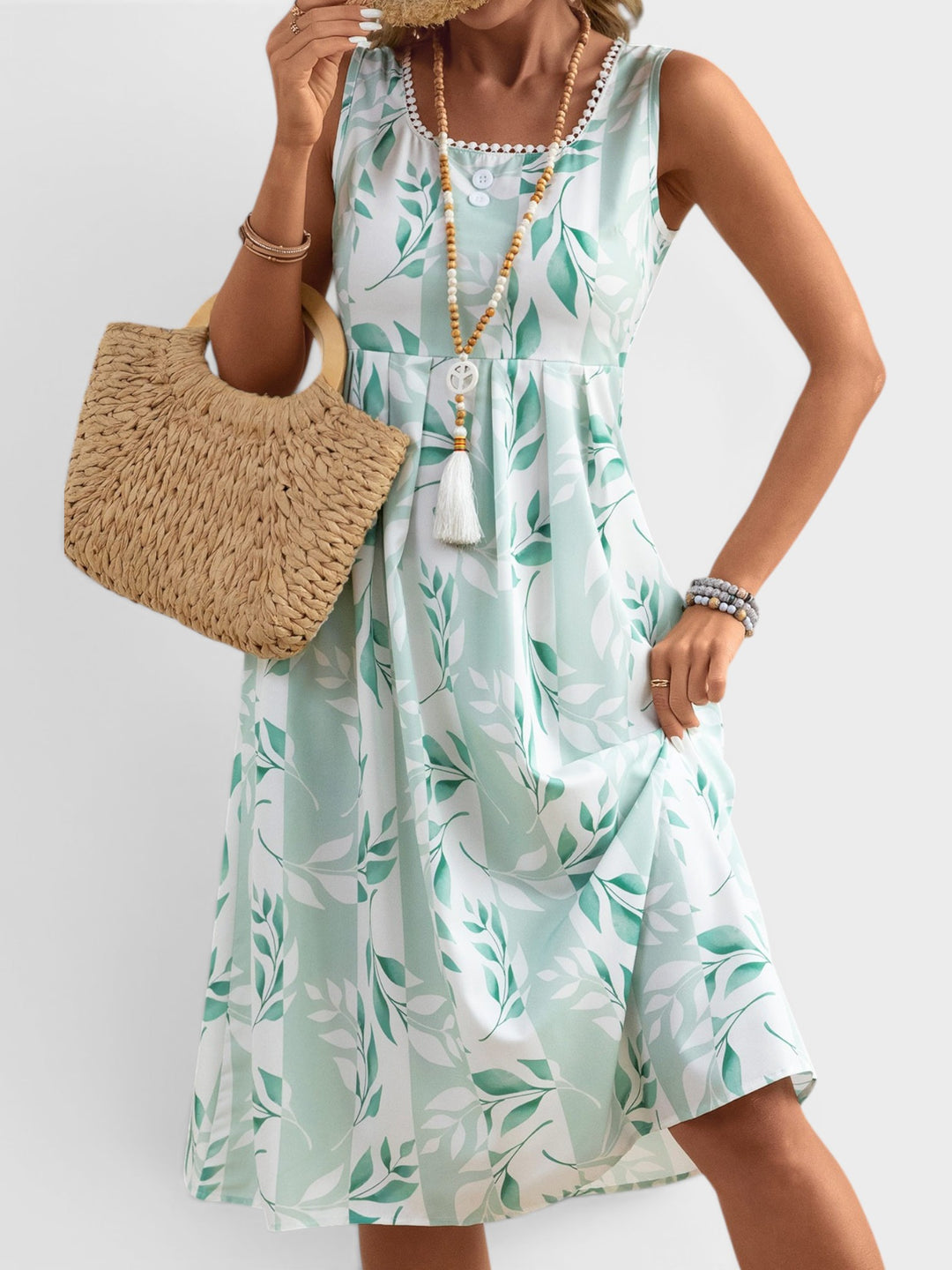 Vivien | Botanical Sleeveless Pocket Midi Dress