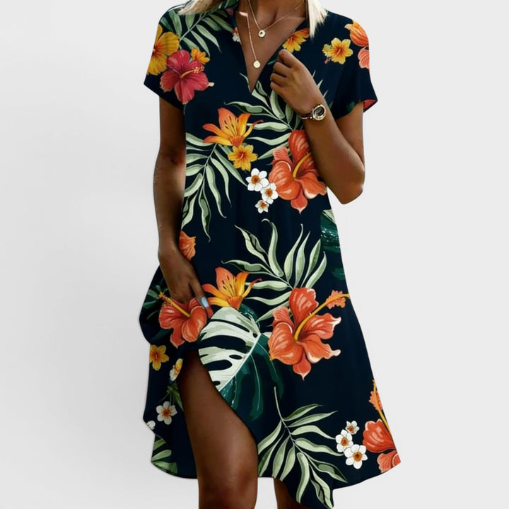Isla | Tropical Floral V-Neck Midi Dress