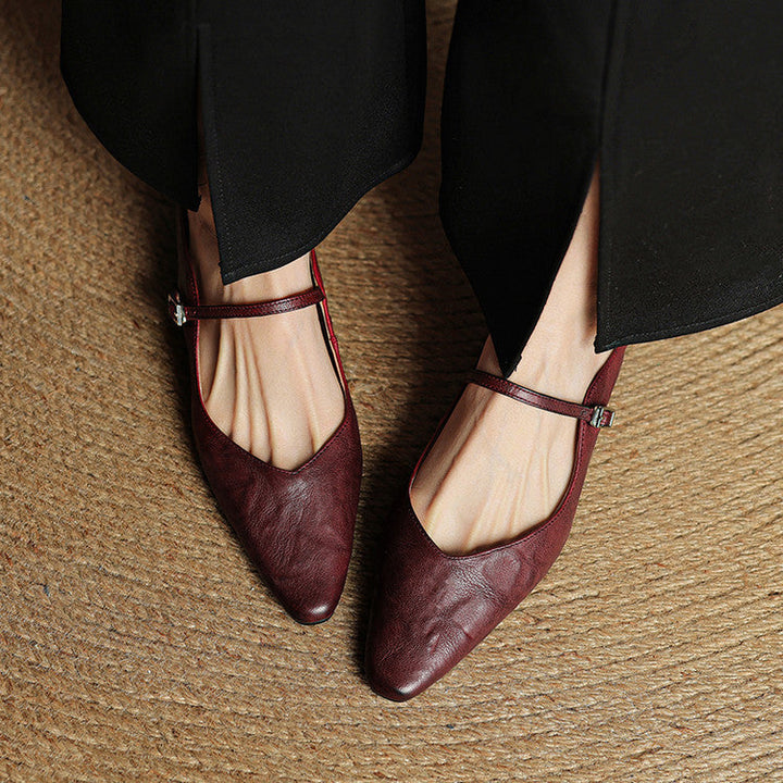 Nica Mary Jane flats in Burgundy, worn overhead view