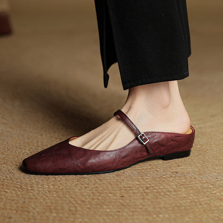 Nica Mary Jane flats in Burgundy, side view worn